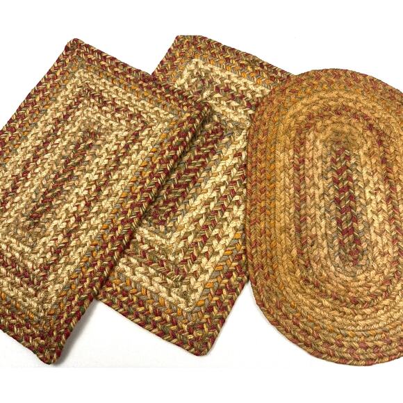 Rustic Harvest Braided Jute Mats Multicolor -2 Square -1 Oval Farmhouse Decor - Picture 1 of 7